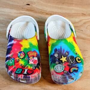 Crocs Classic Clog Tie Dye Rainbow Shoes Mens 5 Womens 7 With Jibbitz Charms